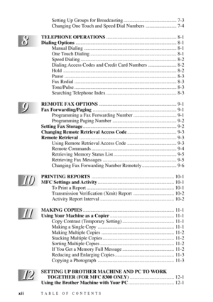 Page 14TABLE OF CONTENTSxii
12 12
11 11
10 10
Setting Up Groups for Broadcasting ........................................... 7-3
Changing One Touch and Speed Dial Numbers ......................... 7-4
TELEPHONE OPERATIONS......................................................... 8-1
Dialing Options.................................................................................. 8-1
Manual Dialing ........................................................................... 8-1
One Touch Dialing...