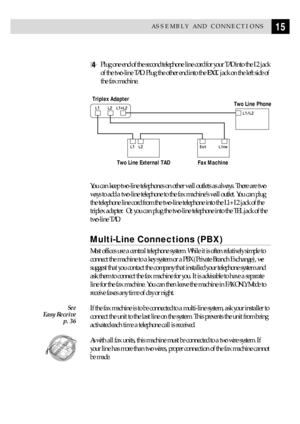 Page 2515ASSEMBLY AND CONNECTIONS
4Plug one end of the second telephone line cord for your TAD into the L2 jack
of the two-line TAD. Plug the other end into the EXT. jack on the left side of
the fax machine.
Triplex Adapter
Two Line Phone
Two Line External TAD Fax Machine
You can keep two-line telephones on other wall outlets as always. There are two
ways to add a two-line telephone to the fax machineÕs wall outlet. You can plug
the telephone line cord from the two-line telephone into the L1+L2 jack of the...