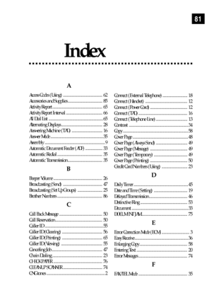 Page 9181
Index
A
Access Codes (Using) ......................................... 62
Accessories and Supplies .................................... 85
Activity Report .................................................... 65
Activity Report Interval ...................................... 66
All Dial List ......................................................... 65
Alternating Displays ........................................... 28
Answering Machine (TAD) ................................ 16
Answer Mode...