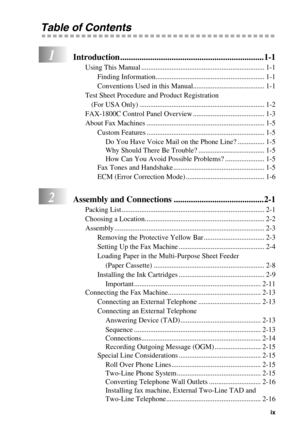 Page 11   ix
Table of Contents
1Introduction ...................................................................1-1
Using This Manual ..................................................................... 1-1
Finding Information............................................................. 1-1
Conventions Used in this Manual........................................ 1-1
Test Sheet Procedure and Product Registration 
(For USA Only) ...................................................................... 1-2
FAX-1800C...