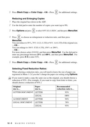 Page 10412 - 5   MAKING COPIES
5Press Black Copy or Color Copy—OR—Press   for additional settings.
Reducing and Enlarging Copies
1Place the original face down in the ADF.
2Use the dial pad to enter the number of copies you want (up to 99).
3Press Options and press   to select OPT:ELG/RDC, and then press Menu/Set.
4Press   to choose an enlargement or reduction ratio, and then press 
Menu/Set. 
You can reduce to 
50%, 78% LGL>LTR or 94% A4>LTR of the original size.
—
OR—
You can enlarge to 
104% EXE>LTR, 150% or...