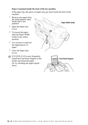 Page 12015 - 6   TROUBLESHOOTING AND ROUTINE MAINTENANCE
Paper is jammed inside the back of the fax machine.
If the paper rips, the pieces of paper may get stuck inside the back of the 
machine.
1Remove any paper from 
the multi-purpose sheet 
feeder that is not 
jammed.
2Open the Paper Jam 
Cover. 
3To loosen the paper, 
slide the Paper Width 
Guide to the widest 
position.
4Use tweezers to pull out 
the ripped pieces of 
paper.
5Close the Paper Jam 
Cover.
NoteIf PAPER JAM occurs frequently, 
install the Card...