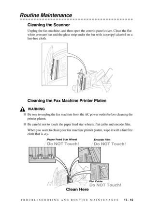 Page 129TROUBLESHOOTING AND ROUTINE MAINTENANCE   15 - 15
Routine Maintenance
Cleaning the Scanner
Unplug the fax machine, and then open the control panel cover. Clean the flat 
white pressure bar and the glass strip under the bar with isopropyl alcohol on a 
lint-free cloth.
Cleaning the Fax Machine Printer Platen
WARNING
Be sure to unplug the fax machine from the AC power outlet before cleaning the 
printer platen.
Be careful not to touch the paper feed star wheels, flat cable and encode film.
When you want...