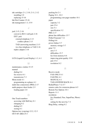 Page 141INDEX   I - 3
I
ink cartridges 2-1, 2-10, 2-11, 2-12
installing 2-9
replacing 15-16
Ink Dot Counter 15-16
ink management 1-3, 15-9
J
jack 2-15, 2-16
convert to RJ11 wall jack 2-16
EXT. jack
external telephone 2-13
cordless phone 2-13
TAD (answering machine) 2-13
two-line telephone or TAD 2-16
triplex adapter 2-16
L
LCD (Liquid Crystal Display) 1-3, 4-1
M
maintenance, routine 15-15
manual
dialing 8-4
fax receive 6-1
transmission 7-3
Menu mode 4-1
programming at-a-glance 4-1
multi-line connections (PBX)...