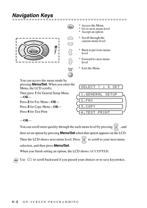 Page 464 - 2   ON-SCREEN PROGRAMMING
Navigation Keys
 
You can access the menu mode by 
pressing Menu/Set. When you enter the 
Menu, the LCD scrolls;
Then press 1 for General Setup Menu
—OR—
Press 2 for Fax Menu—OR—
Press 3 for Copy Menu—OR—
Press 4 for Test Print
—OR—
You can scroll more quickly through the each menu level by pressing   , and 
then set an option by pressing Menu/Set when that option appears on the LCD. 
Then the LCD shows next menu level. Press   to scroll to your next menu 
selection, and...