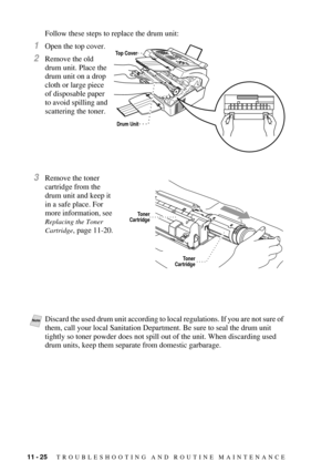 Page 11211 - 25   TROUBLESHOOTING AND ROUTINE MAINTENANCE
Follow these steps to replace the drum unit:
1Open the top cover.
2Remove the old 
drum unit. Place the 
drum unit on a drop 
cloth or large piece 
of disposable paper 
to avoid spilling and 
scattering the toner.
3Remove the toner 
cartridge from the 
drum unit and keep it 
in a safe place. For 
more information, see 
Replacing the Toner 
Cartridge
, page 11-20.
NoteDiscard the used drum unit according to local regulations. If you are not sure of 
them,...