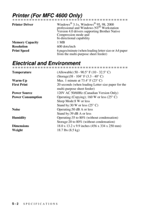 Page 122S - 2   SPECIFICATIONS
Printer (For MFC 4600 Only)
Printer DriverWindows¨ 3.1x, Windows¨ 95, 98, 2000 
professional and Windows NT¨ Workstation 
Version 4.0 drivers supporting Brother Native 
Compression mode and 
bi-directional capability
Memory Capacity1 MB 
Resolution600 dots/inch
Print Speed6 pages/minute (when loading letter size or A4 paper 
from the multi-purpose sheet feeder)
Electrical and Environment  
Temperature(Allowable) 50 - 90.5¡ F (10 - 32.5¡ C)
(Storage)38 - 104¡ F (3.3 - 40¡ C)...