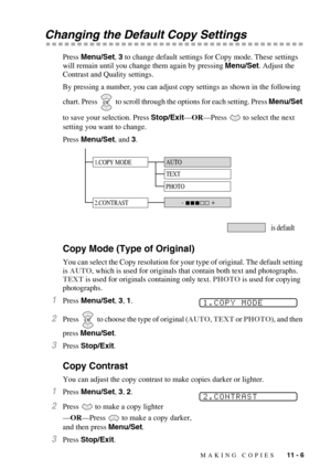 Page 101MAKING COPIES   11 - 6
Changing the Default Copy Settings
Press Menu/Set, 3 to change default settings for Copy mode. These settings 
will remain until you change them again by pressing Menu/Set. Adjust the  
Contrast and Quality settings.
By pressing a number, you can adjust copy settings as shown in the following 
chart. Press
  to scroll through the options for each setting. Press Menu/Set 
to save your selection. Press Stop/Exit—OR—Press
  to select the next 
setting you want to change.
Press...