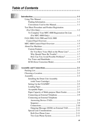 Page 13   xi
Table of Contents
1Introduction ..................................................................................... 1-1
Using This Manual ..................................................................... 1-1
Finding Information............................................................. 1-1
Conventions Used in this Manual........................................ 1-1
Test Sheet Procedure and Product Registration 
(For USA Only)...