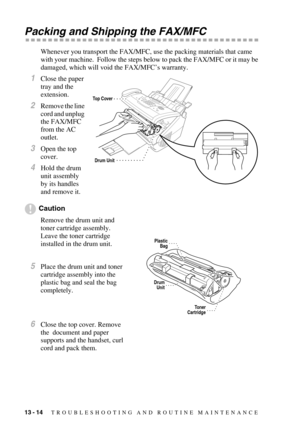 Page 12213 - 14   TROUBLESHOOTING AND ROUTINE MAINTENANCE
Packing and Shipping the FAX/MFC
Whenever you transport the FAX/MFC, use the packing materials that came 
with your machine.  Follow the steps below to pack the FAX/MFC or it may be 
damaged, which will void the FAX/MFC’s warranty.
1Close the paper 
tray and the 
extension.
2Remove the line 
cord and unplug 
the FAX/MFC 
from the AC 
outlet.
3Open the top 
cover.
4Hold the drum 
unit assembly 
by its handles 
and remove it.
Caution
Remove the drum unit...