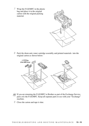 Page 123TROUBLESHOOTING AND ROUTINE MAINTENANCE   13 - 15
7Wrap the FAX/MFC in the plastic 
bag and place it in the original 
carton with the original packing 
material.
8Pack the drum unit, toner cartridge assembly and printed materials  into the 
original carton as shown below:
9Close the carton and tape it shut.
NoteIf you are returning the FAX/MFC to Brother as part of the Exchange Service, 
pack only the FAX/MFC. Keep all separate parts to use with your “Exchange” 
machine.
(FAX-3800 Only) 