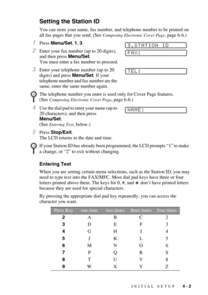 Page 51INITIAL SETUP   4 - 2
Setting the Station ID
You can store your name, fax number, and telephone number to be printed on 
all fax pages that you send. (See 
Composing Electronic Cover Page, page 6-6.)
1Press Menu/Set, 1, 3.
2Enter your fax number (up to 20 digits), 
and then press Menu/Set. 
You must enter a fax number to proceed.
3Enter your telephone number (up to 20 
digits) and press Menu/Set. If your 
telephone number and fax number are the 
same, enter the same number again.
4Use the dial pad to...