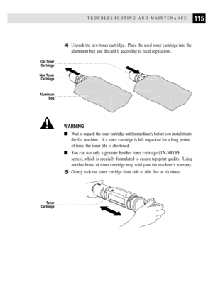 Page 127115TROUBLESHOOTING AND MAINTENANCE
4Unpack the new toner cartridge.  Place the used toner cartridge into the
aluminum bag and discard it according to local regulations.
Aluminum
Bag
New Toner
Cartridge
Old Toner
Cartridge
WARNING
nWait to unpack the toner cartridge until immediately before you install it into
the fax machine.  If a toner cartridge is left unpacked for a long period
of time, the toner life is shortened.
nYou can use only a genuine Brother toner cartridge (TN-5000PF
series), which is...