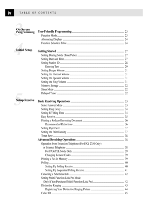 Page 6ivTABLE OF CONTENTS
3
On-Screen
ProgrammingUser-Friendly Programming................................................................................... 23
Function Mode .......................................................................................................... 23
Alternating Displays ................................................................................................. 24
Function Selection Table...