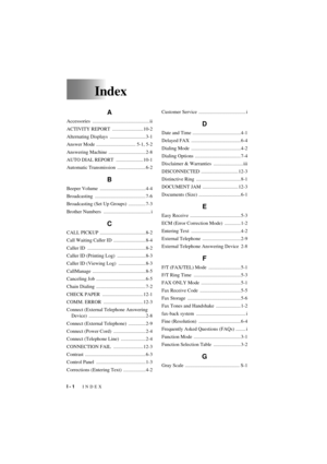 Page 76T7BASE-US-FM5.5
I - 1   INDEX
Index
A
Accessories .............................................. ii
ACTIVITY REPORT  ......................... 10-2
Alternating Displays  ............................. 3-1
Answer Mode ................................ 5-1, 5-2
Answering Machine  .............................. 2-8
AUTO DIAL REPORT  ...................... 10-1
Automatic Transmission  ....................... 6-2
B
Beeper Volume  ..................................... 4-4
Broadcasting...