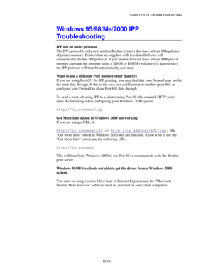 Page 150CHAPTER 13 TROUBLESHOOTING
IPP not a n active p rotocol
ipp,  the
“Get More Info” option i n Windows 200 0 will not function. If yo u wish to use the 