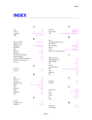 Page 167INDEX
Index-1
INDEX
A
AIX1-3
AIX 4.01-8
AppleTalk7-1, 7-3, 13-3, 13-17
ARP1-2, 12-1, 12-6
B
Banyan VINES10-1, 13-21
Berkeley UNIX1-1
BINARY_P11-1, 1-4, Appendix-3
BINDERY6-2
BIP5-1
BOOTP1-2, 12-9
BRAdmin12-4
BR-Script  PPD installer7-2
Brother LPR port3-4
Brother NetBIOS Port Monitor4-2, 4-4
Brother Peer to Peer Print3-4
Browser11-2
C
CFGTCP1-11
Chooser7-1
D
DEC1-11
DEC LAT9-1
DECprint9-10
Desktop Printer7-4
DHCP1-2, 3-1, 4-1, 12-1, 12-6
DLC8-1, 8-2
DLC/LLC13-18
DNS11-2
DOMAIN4-2
DOS4-1, 9-7
E
E-mail5-2...