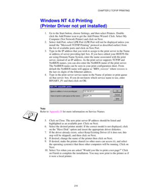 Page 34CHAPTER 2 TCP/IP PRINTING
1.  Go to th
e Start button, choose Settings, and then selec t Printers. Double
Note 