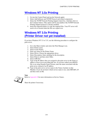 Page 36CHAPTER 2 TCP/IP PRINTING
1.  Go into th
e Control Panel and run th e Ne twork  applet.
If you hav e Window s NT 3.5 or 3.51, use th e followin g procedure to configur e the 