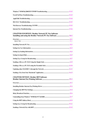 Page 11 xi 
Window s® 95 /98 /M e/2000 /XP F TP/I PP  Tro u ble sh oot in g .......................................................... .13-12  
N ov ell Net Ware  Trouble shootin g........................................................................\
........................ .. 13-13  
A pple Talk  Trouble shootin g........................................................................\
............................. ..... .13-14  
D LC/ LL C T rouble shootin...