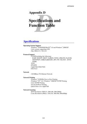 Page 177APPENDIX 
 
A-8 
D 
DAppendix D 
 
Specifications and 
Function Table 
 
 
 
Specifications 
 
Operating System Support 
- Windows
® 95/98/98SE/Me/NT® 4.0 and Windows® 2000/XP 
- Unix systems supporting LPD 
- Mac OS8.6-9.1 / OS 10.1 
 
Protocol Support 
- TCP/IP(including the following) 
  RARP, BOOTP, DHCP, NetBIOS, WINS, LPR/LPD, Port9100,  
  SMTP/POP3, SMB(NetBIOS/IP), IPP, FTP, TELNET,  HTTP,  
  SNMP,  
  TFTP 
- IPX/SPX 
- AppleTalk (EtherTalk) 
- DLC/LLC 
 
Network 
- 10/100Base-TX Ethernet...