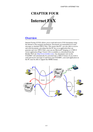 Page 41CHAPTER 4 INTERNET FAX 
 
 
4-1 
4 
41CHAPTER FOUR 
 
Internet FAX 
 
 
 
 
Overview 
 
Internet Faxing (I-FAX) allows you to send and receive FAX documents using 
the Internet as the transport mechanism. Documents are transmitted in E-mail 
messages as attached TIFF-F files. This means that PC’s are also able to receive 
and send documents, providing that the PC has as an application that can 
generate and view TIFF-F files, your can use Microsoft
® Imaging or A TIFF-F 
viewer application [Pagis Viewer...