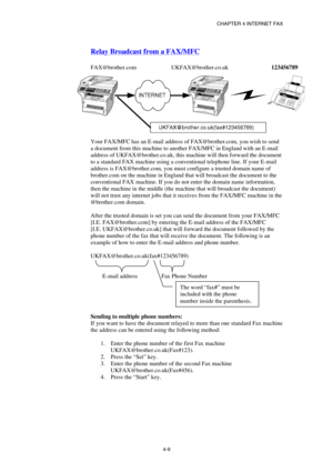 Page 49CHAPTER 4 INTERNET FAX 
 
 
4-9 
Relay Broadcast from a FAX/MFC 
 
FAX@brother.com  UKFAX@brother.co.uk                             123456789 
 
 
 
 
 
 
 
 
 
 
Your FAX/MFC has an E-mail address of FAX@brother.com, you wish to send 
a document from this machine to another FAX/MFC in England with an E-mail 
address of UKFAX@brother.co.uk, this machine will then forward the document 
to a standard FAX machine using a conventional telephone line. If your E-mail 
address is FAX@brother.com, you must...