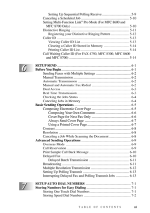 Page 13TABLE OF CONTENTSxi
7 7
6 6
Setting Up Sequential Polling Receive ................................. 5-9
Canceling a Scheduled Job ....................................................... 5-10
Setting Multi-Function Link
¨ Pro Mode (For MFC 8600 and
MFC 8700 Only) ...................................................................5-10
Distinctive Ringing ................................................................... 5-11
Registering your Distinctive Ringing Pattern ..................... 5-12
Caller ID...