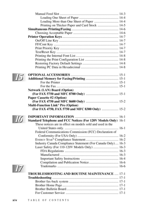 Page 16TABLE OF CONTENTSxiv
16 16
Manual Feed Slot ...................................................................... 14-3
Loading One Sheet of Paper ............................................... 14-4
Loading More than One Sheet of Paper ............................. 14-4
Printing on Thicker Paper and Card Stock ......................... 14-5
Simultaneous Printing/Faxing........................................................ 14-6
Choosing Acceptable  Paper...