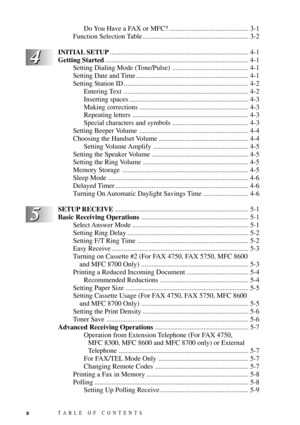 Page 12TABLE OF CONTENTSx
5 5
Do You Have a FAX or MFC? .............................................. 3-1
Function Selection Table ............................................................. 3-2
INITIAL SETUP................................................................................ 4-1
Getting Started................................................................................... 4-1
Setting Dialing Mode (Tone/Pulse) ............................................ 4-1
Setting Date and Time...