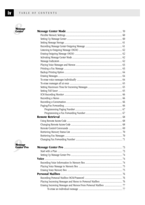 Page 6ivTABLE OF CONTENTS
8
Message
CenterMessage Center Mode............................................................................................. 59
Flexible Memory Settings .............................................................................................. 60
Setting Up Message Center ............................................................................................ 60
Setting Message Storage...