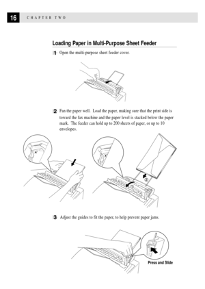 Page 3016CHAPTER TWO
Loading Paper in Multi-Purpose Sheet Feeder
1Open the multi-purpose sheet feeder cover.
2Fan the paper well.  Load the paper, making sure that the print side is
toward the fax machine and the paper level is stacked below the paper
mark.  The feeder can hold up to 200 sheets of paper, or up to 10
envelopes.
       
3  Adjust the guides to fit the paper, to help prevent paper jams.
            
Press and Slide 