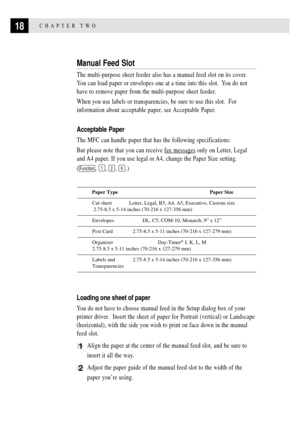 Page 3218CHAPTER TWO
Manual Feed Slot
The multi-purpose sheet feeder also has a manual feed slot on its cover.
You can load paper or envelopes one at a time into this slot.  You do not
have to remove paper from the multi-purpose sheet feeder.
When you use labels or transparencies, be sure to use this slot.  For
information about acceptable paper, see Acceptable Paper.
Acceptable Paper
The MFC can handle paper that has the following specifications:
But please note that you can receive 
fax messages only on...