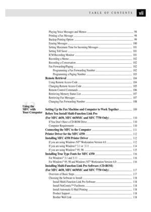 Page 9viiTABLE OF CONTENTS
Playing Voice Messages and Memos ........................................................................ 98
Printing a Fax Message ............................................................................................. 98
Backup Printing Option ............................................................................................ 99
Erasing Messages .................................................................................................... 100
Setting Maximum...