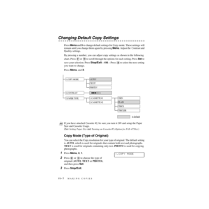 Page 10111 - 7   MAKING COPIES
ZleMFC-US-FAX-4750e/5750e-
Changing Default Copy Settings
Press Menu and 3 to change default settings for Copy mode. These settings will 
remain until you change them again by pressing Menu. Adjust the  Contrast and 
Quality settings.
By pressing a number, you can adjust copy settings as shown in the following 
chart. Press   or 
 to scroll through the options for each setting. Press Set to 
save your selection. Press Stop/Exit—OR—Press
  to select the next setting 
you want to...