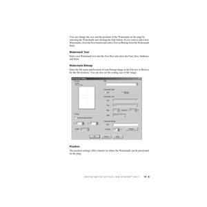 Page 110PRINTER DRIVER SETTINGS (FOR WINDOWS® ONLY)   12 - 8
ZleMFC-US-FAX-4750e/5750e-You can change the size and the position of the Watermark on the page by 
selecting the Watermark and clicking the Edit button. If you want to add a new 
Watermark, click the New button and select Text or Bitmap from the Watermark 
Style. 
Watermark Text
Enter your Watermark text into the Text Box and select the Font, Size, Darkness 
and Style.
Watermark Bitmap
Enter the file name and location of your bitmap image in the File...