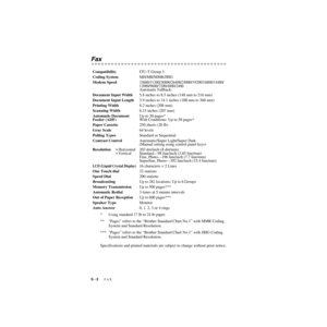 Page 217S - 2   FAX
ZleMFC-US-FAX-4750e/5750e-
Fax
* Using standard 17 lb to 24 lb paper.
**“Pages” refers to the “Brother Standard Chart No.1” with MMR Coding 
System and Standard Resolution.
***“Pages” refers to the “Brother Standard Chart No.1” with JBIG Coding 
System and Standard Resolution.
Specifications and printed materials are subject to change without prior notice. CompatibilityITU-T Group 3
Coding System
MH/MR/MMR/JBIG
Modem Speed33600/31200/28800/26400/24000/19200/16800/14400/...