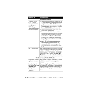 Page 19119 - 10   TROUBLESHOOTING AND ROUTINE MAINTENANCE
ZleMFC-US-FAX-4750e/5750e-
DIFFICULTYSUGGESTIONS
Software Difficulties
“Unable to write to 
LPT1” or “LPT1 
already in use” error 
message appears.1. Make sure the machine is on (plugged into the 
AC outlet) and that it is connected directly to the 
computer using an IEEE-1284 bi-directional 
parallel cable. The cable must not go through 
another peripheral device (such as a Zip Drive, 
External CD-ROM Drive, or Switch box).
2. Make sure the machine’s LCD...