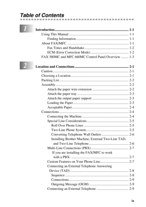 Page 11 
   
 
ix
 
Table of Contents 
1
 
Introduction ..................................................................................... 1-1 
Using This Manual ..................................................................... 1-1
Finding Information............................................................. 1-1
About FAX/MFC ....................................................................... 1-1
Fax Tones and Handshake ................................................... 1-2
ECM (Error Correction...
