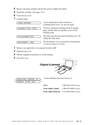 Page 87TROUBLESHOOTING AND ROUTINE MAINTENANCE    13 - 3
4Remove the print cartridge and turn the spool to tighten the ribbon.
5Install the cartridge. (See page 13-8.)
6Close the top cover.
7Load the paper.
A poor quality phone line resulted in a 
communications error. Try the call again.
You have requested a polling call from another 
party, but the other fax machine is not in Poll 
Waiting mode.
The other party has disconnected during a fax. Try 
calling the other party.
The documents were not inserted or fed...