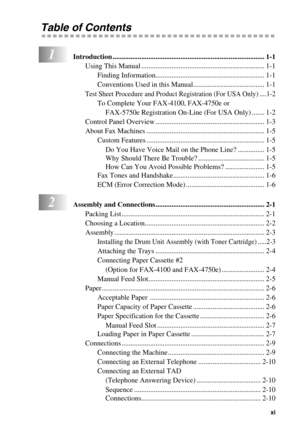 Page 13   xi
Table of Contents
1Introduction ..................................................................................... 1-1
Using This Manual ..................................................................... 1-1
Finding Information............................................................. 1-1
Conventions Used in this Manual........................................ 1-1
Test Sheet Procedure and Product Registration (For USA Only) ....1-2
To Complete Your FAX-4100, FAX-4750e or 
FAX-5750e...