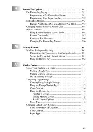 Page 17   xv
9Remote Fax Options........................................................................ 9-1
Fax Forwarding/Paging .............................................................. 9-1
Programming a Fax Forwarding Number............................ 9-1
Programming Your Pager Number...................................... 9-2
Setting Fax Storage .................................................................... 9-3
Backup Print Setting (Not available for FAX-4100)........... 9-3
Changing Remote...