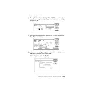 Page 168HOW TO PRINT, FAX AND SCAN USING APPLE® MACINTOSH®   17 - 2
ZleMFC-US-FAX-4750e/5750e-To print the document:
3From application software such as PaperPort®, click File menu and select Page 
Setup. You can change the settings for Paper Size, Orientation and Scaling, 
and then click OK.
4From application software such as PaperPort, click File menu and select Print. 
Click Print to start printing.
NoteIf you want to change Copies, Pages, Resolution, Paper Source and Media 
Type, select your settings before...