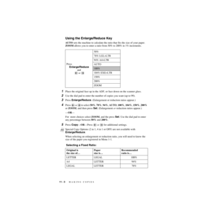 Page 9711 - 3   MAKING COPIES
ZleMFC-US-FAX-4750e/5750e-
Using the Enlarge/Reduce Key
AUTO sets the machine to calculate the ratio that fits the size of your paper. 
ZOOM allows you to enter a ratio from 50% to 200% in 1% increments.
1Place the original face up in the ADF, or face down on the scanner glass.
2Use the dial pad to enter the number of copies you want (up to 99).
3Press Enlarge/Reduce. (Enlargement or reduction ratios appear.)
4Press  or  to select 50%, 78%, 94%, AUTO, 100%, 104%, 150%, 200% 
or...