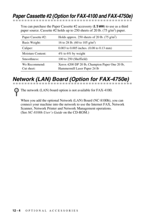 Page 10612 - 4   OPTIONAL ACCESSORIES
Paper Cassette #2 (Option for FAX-4100 and FAX-4750e)
You can purchase the Paper Cassette #2 accessory (LT400) to use as a third 
paper source. Cassette #2 holds up to 250 sheets of 20 lb. (75 g/m2) paper.
Network (LAN) Board (Option for FAX-4750e)
When you add the optional Network (LAN) Board (NC-8100h), you can 
connect your machine into the network to use the Internet FAX, Network 
Scanner, Network Printer and Network Management operations.
(See NC-8100h User’s Guide on...