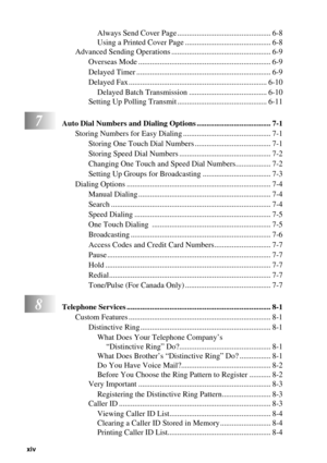 Page 16xiv   
Always Send Cover Page ................................................ 6-8
Using a Printed Cover Page ............................................ 6-8
Advanced Sending Operations ................................................... 6-9
Overseas Mode .................................................................... 6-9
Delayed Timer ..................................................................... 6-9
Delayed Fax ....................................................................... 6-10...