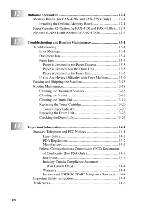 Page 18xvi   
12Optional Accessories ..................................................................... 12-1
Memory Board (For FAX-4750e and FAX-5750e Only) ........ 12-1
Installing the Optional Memory Board.............................. 12-1
Paper Cassette #2 (Option for FAX-4100 and FAX-4750e) .... 12-4
Network (LAN) Board (Option for FAX-4750e) ..................... 12-4
13Troubleshooting and Routine Maintenance ............................... 13-1...