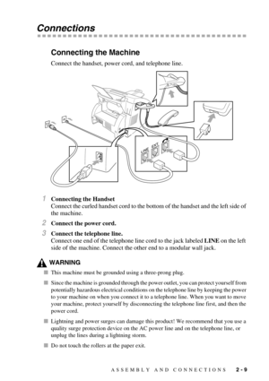 Page 35ASSEMBLY AND CONNECTIONS   2 - 9
Connections
Connecting the Machine
Connect the handset, power cord, and telephone line.
1Connecting the Handset
Connect the curled handset cord to the bottom of the handset and the left side of 
the machine.
2Connect the power cord.
3Connect the telephone line.
Connect one end of the telephone line cord to the jack labeled LINE on the left 
side of the machine. Connect the other end to a modular wall jack.
WARNING
This machine must be grounded using a three-prong plug....