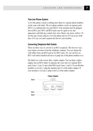 Page 177LOCATION AND  CONNECTIONS
Two-Line Phone System
A two-line phone system is nothing more than two separate phone numbers
on the same wall outlet. The two phone numbers can be on separate jacks
(RJ11) or combined into one jack (RJ14). Your machine must be plugged
into an RJ11 jack. RJ11 and RJ14 jacks may be equal in size and
appearance and both may contain four wires (black, red, green, yellow). To
test the type of jack, plug in a two-line phone and see if it can access both
lines. If it can, you must...