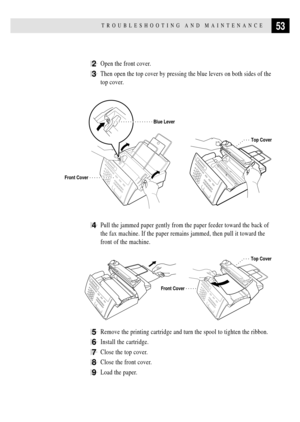 Page 6353TROUBLESHOOTING AND MAINTENANCE
2Open the front cover.
3Then open the top cover by pressing the blue levers on both sides of the
top cover.
Blue Lever
Front Cover
          
Top Cover
4Pull the jammed paper gently from the paper feeder toward the back of
the fax machine. If the paper remains jammed, then pull it toward the
front of the machine.
Front CoverTop Cover
5Remove the printing cartridge and turn the spool to tighten the ribbon.
6Install the cartridge.
7Close the top cover.
8Close the front...